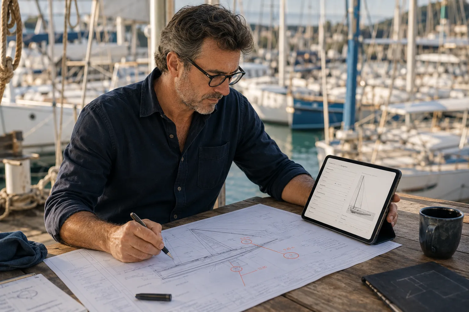 Professionnel du nautisme consultant des plans techniques dans une marina